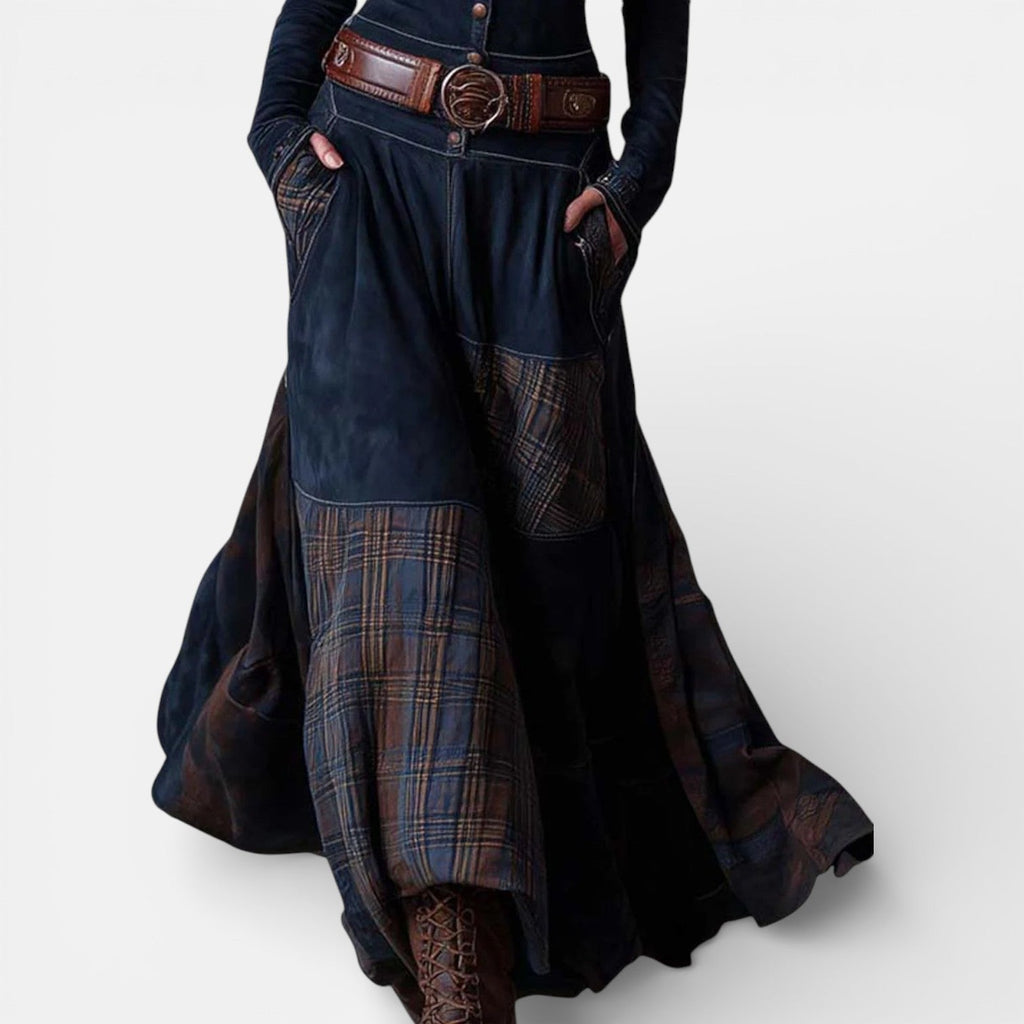 Milo Mochi | Vintage Long Dress In Navy Blue Suede Check