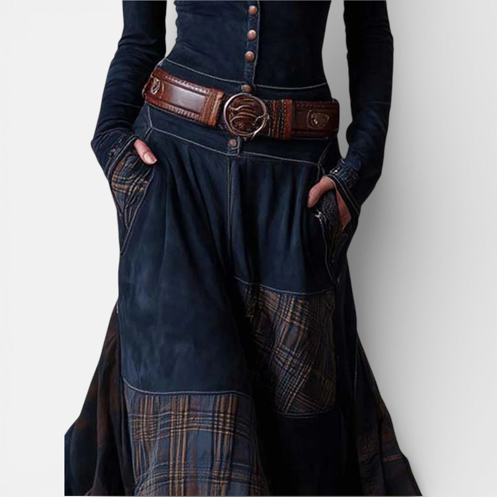 Milo Mochi | Vintage Long Dress In Navy Blue Suede Check