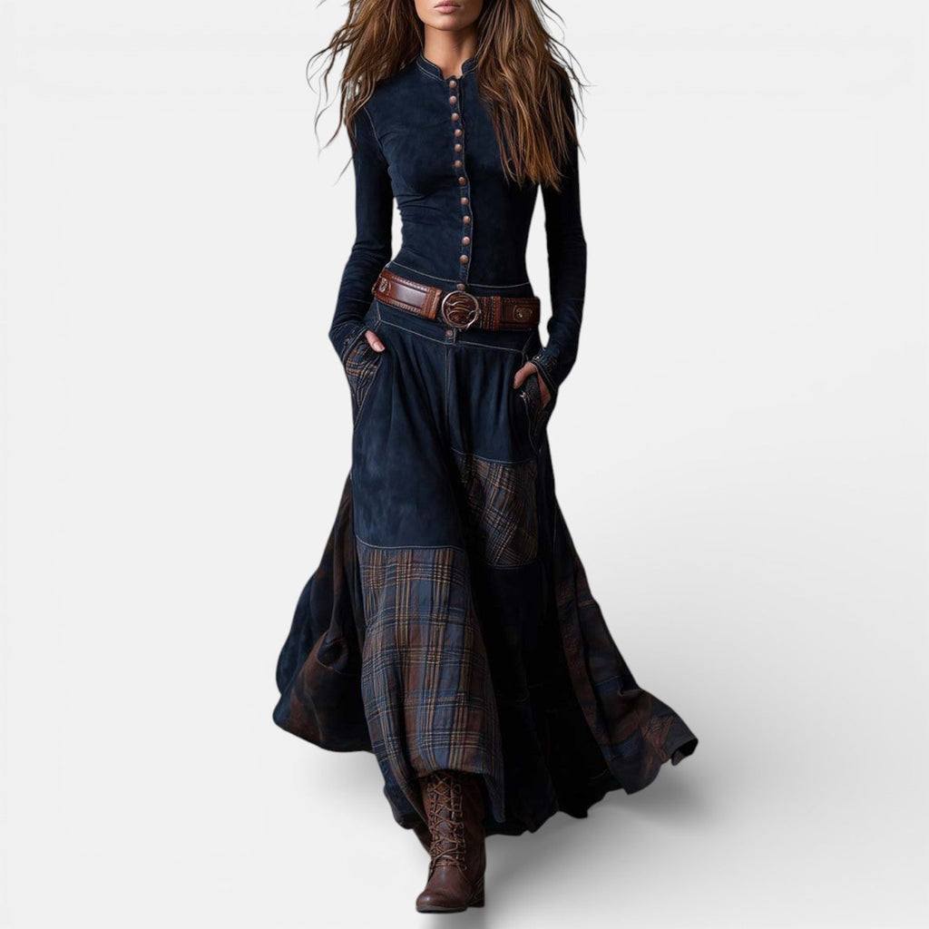 Milo Mochi | Vintage Long Dress In Navy Blue Suede Check