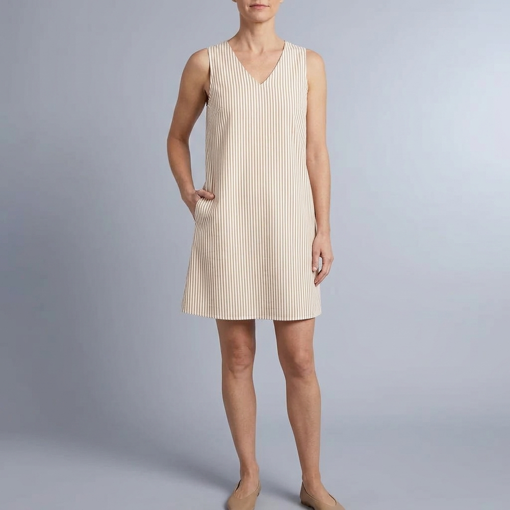 Women's Mini Dress | Sleeveless Striped Side Pockets Beige front view