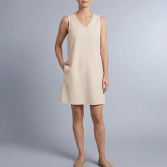 Women's Mini Dress | Sleeveless Striped Side Pockets Beige front view