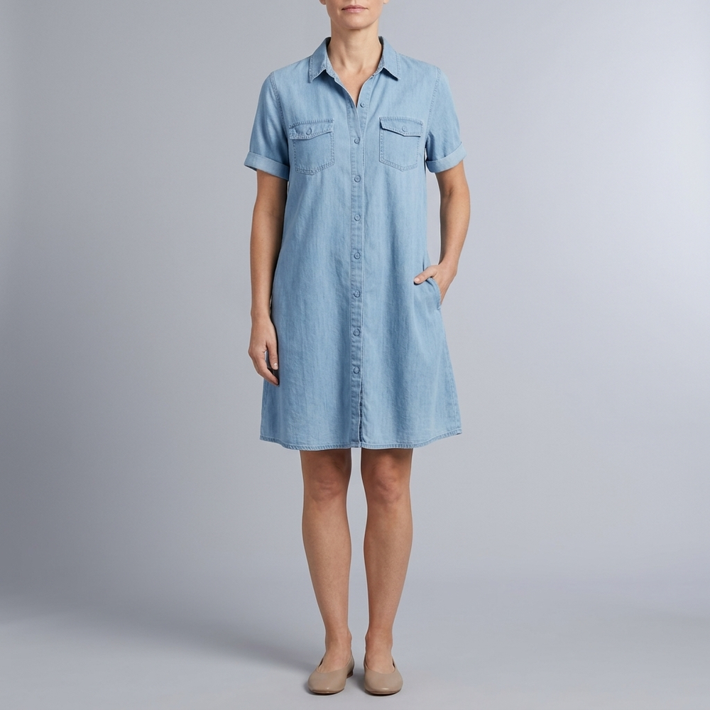 Women's Denim Dress | Midi Shirt Style Button Down Short Sleeve Blue front view