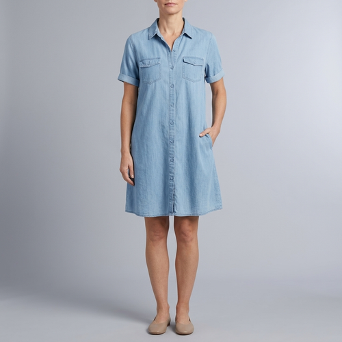 Women's Denim Dress | Midi Shirt Style Button Down Short Sleeve Blue front view