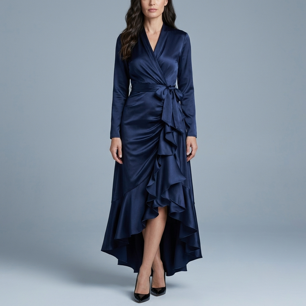 Women's Formal Dress | Maxi Ruffle Wrap Long Sleeve Navy Blue front view
