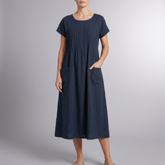 Women's Casual Dress | Midi Pleated Short Sleeve Blue front view