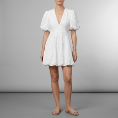 Women's White Dress | Mini Puff Sleeve Floral Embroidery White front view