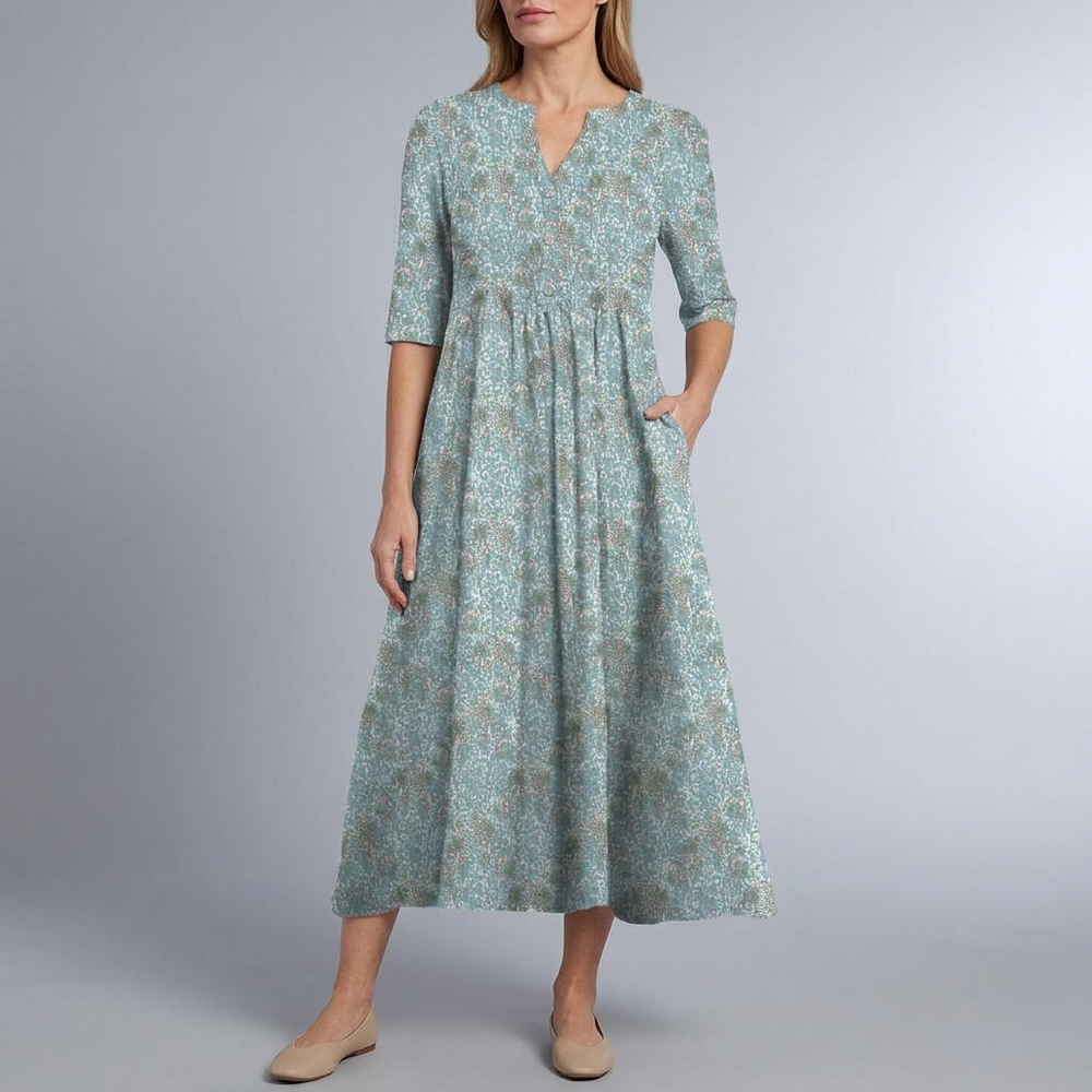Women's Wedding Guest Dress | Midi Floral V-Neck Button Front Blue front view