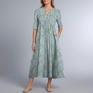Women's Wedding Guest Dress | Midi Floral V-Neck Button Front Blue front view
