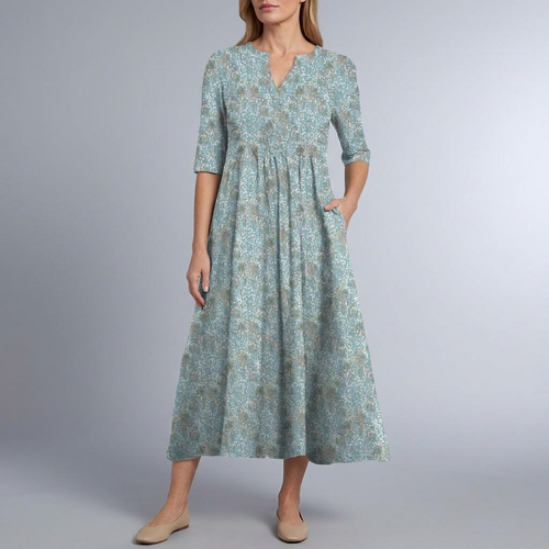 Women's Wedding Guest Dress | Midi Floral V-Neck Button Front Blue front view
