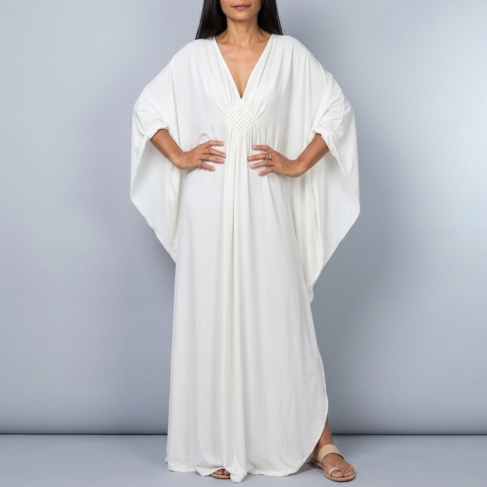 Women's Dress | Maxi Batwing Sleeve Deep V-Neck White front view