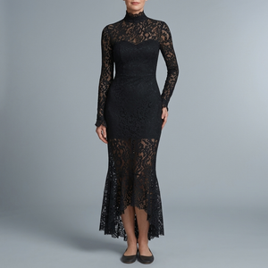 Women's Black Tie Dress | Maxi High Neck Long Sleeve Lace Mermaid Black front view