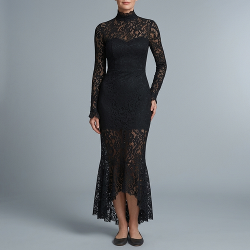 Women's Black Tie Dress | Maxi High Neck Long Sleeve Lace Mermaid Black front view