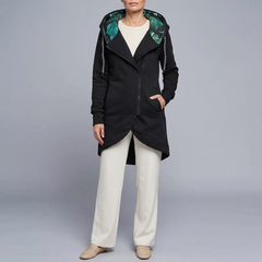 Women's Jacket | Hooded Longline Zip-Up Black front view