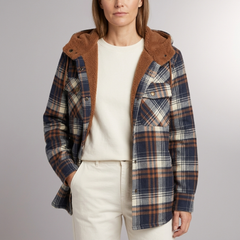 Women's Jacket | Plaid Hooded Fleece Lined Button-Front Blue front view