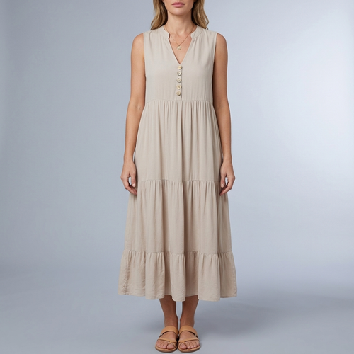 Women's Sundress | Maxi Tiered Button Front Sleeveless Apricot front view