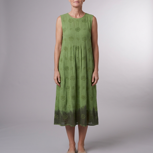 Women's Green Dress | Midi Embroidered Sleeveless Green front view