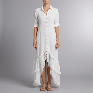 Women's White Maxi Shirt Dress | Ruffle Hem Long Sleeve White front view