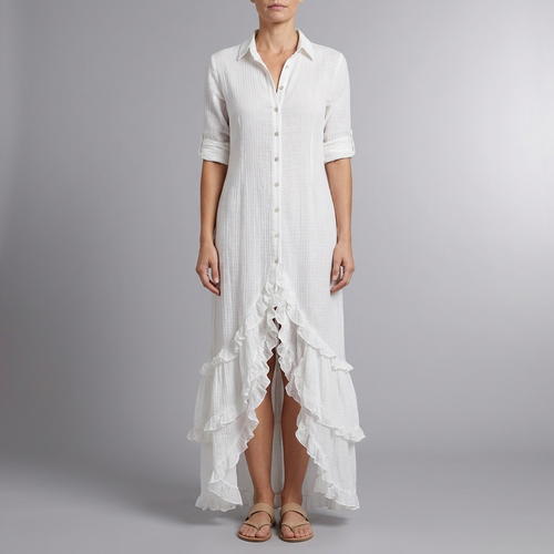 Women's White Maxi Shirt Dress | Ruffle Hem Long Sleeve White front view