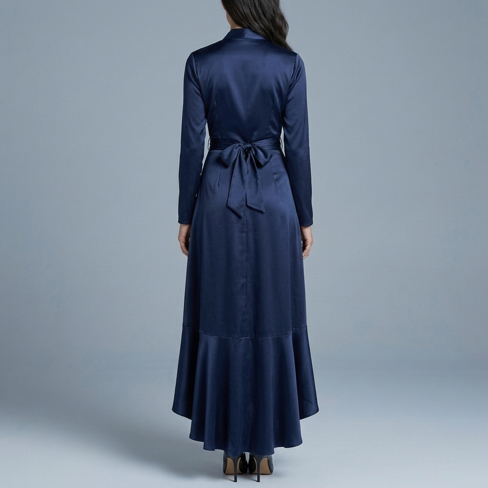 Women's Formal Dress | Maxi Ruffle Wrap Long Sleeve Navy Blue front view