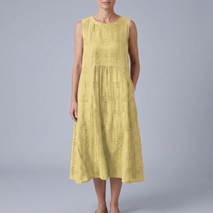 Women's Dress | Midi Sleeveless Floral Print Gathered Waist Yellow front view