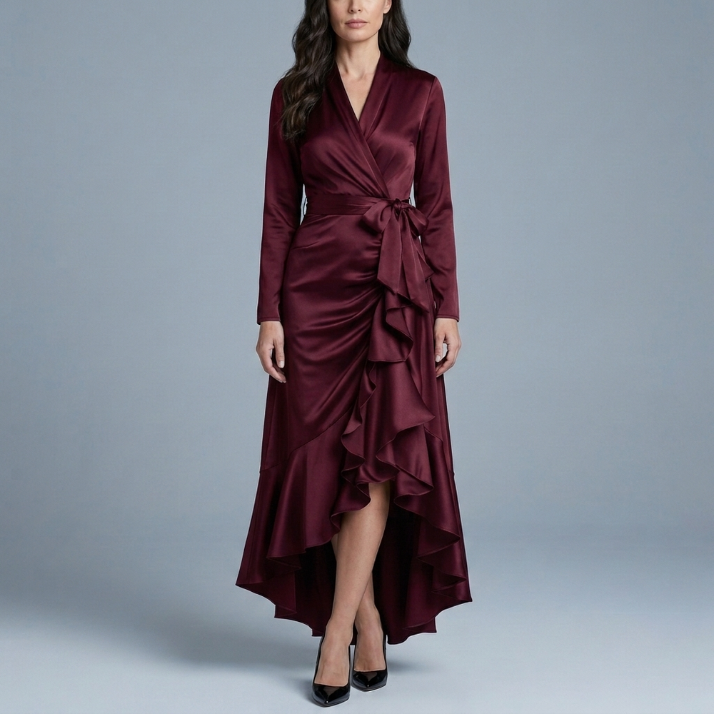 Women's Formal Dress | Maxi Ruffle Wrap Long Sleeve Navy Blue front view
