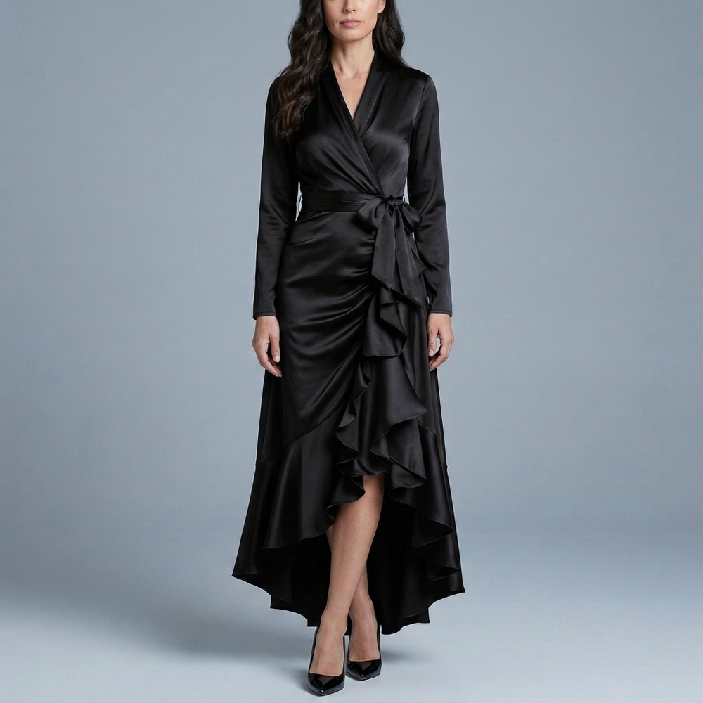 Women's Formal Dress | Maxi Ruffle Wrap Long Sleeve Navy Blue front view