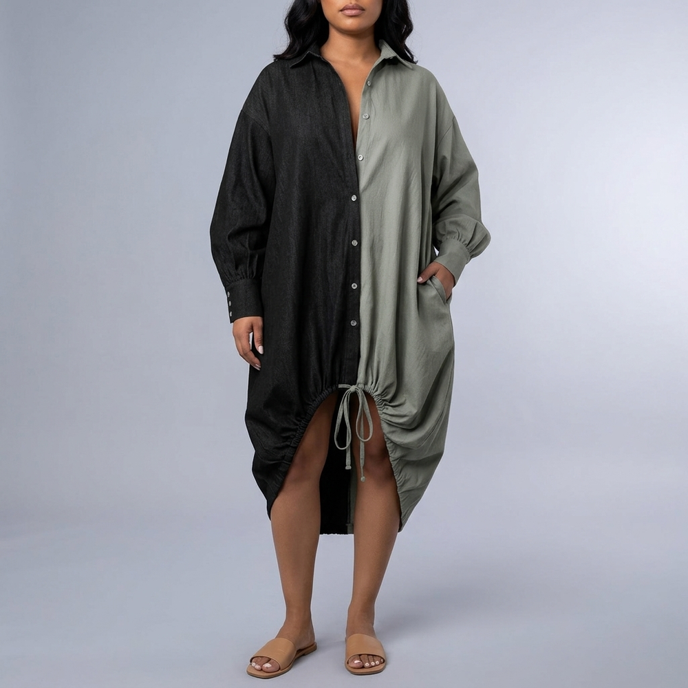 Women's Shirt Dress | Midi Color-Blocked Asymmetric Hem Drawstring Black front view