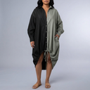 Women's Shirt Dress | Midi Color-Blocked Asymmetric Hem Drawstring Black front view