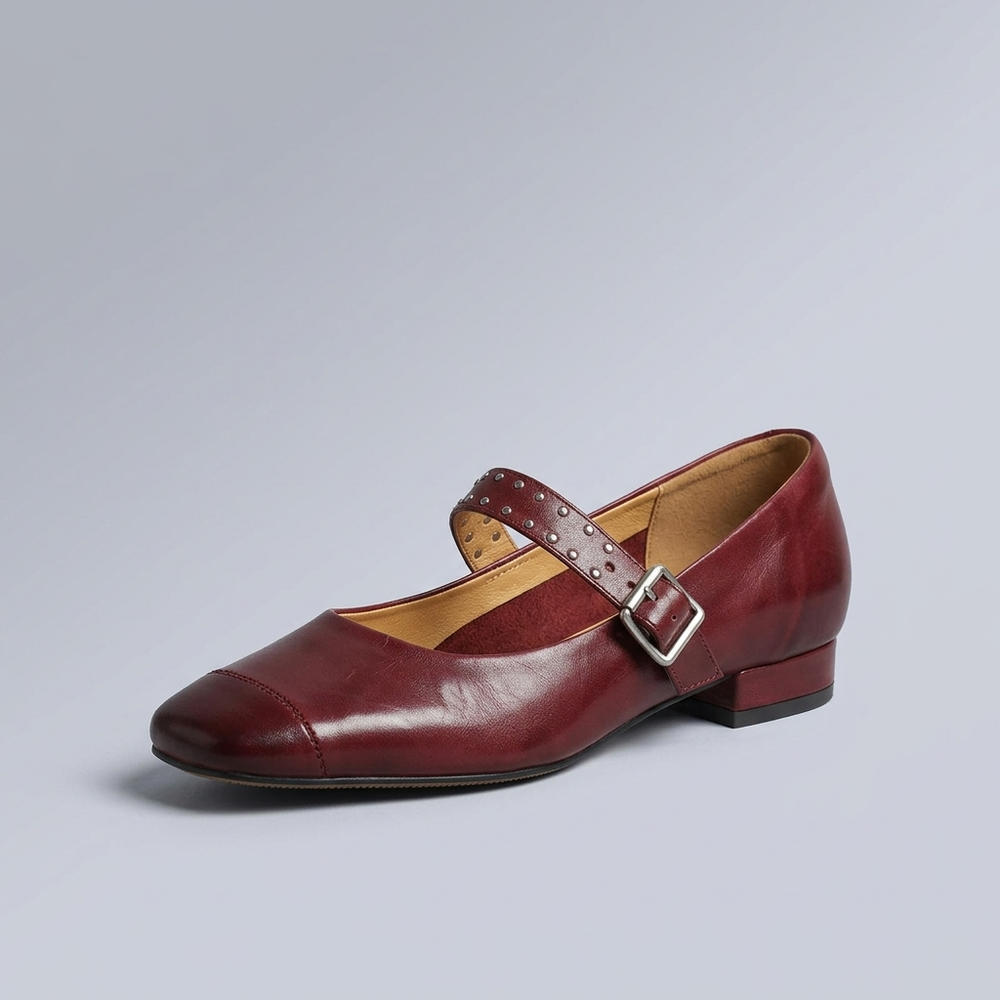 Shoes For Women | Mary Jane Buckle Strap Studded Maroon three-quarter front view