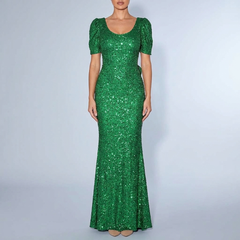 Women's Maxi Dress | Sequin Puff Sleeve V-Neck Dark Green front view