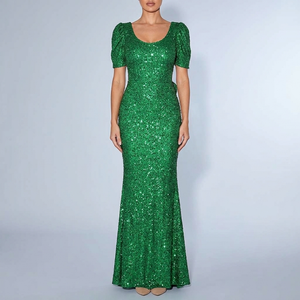 Women's Maxi Dress | Sequin Puff Sleeve V-Neck Dark Green front view