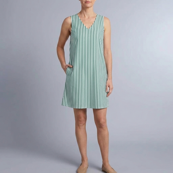 Women's Mini Dress | Sleeveless Striped Side Pockets Green front view