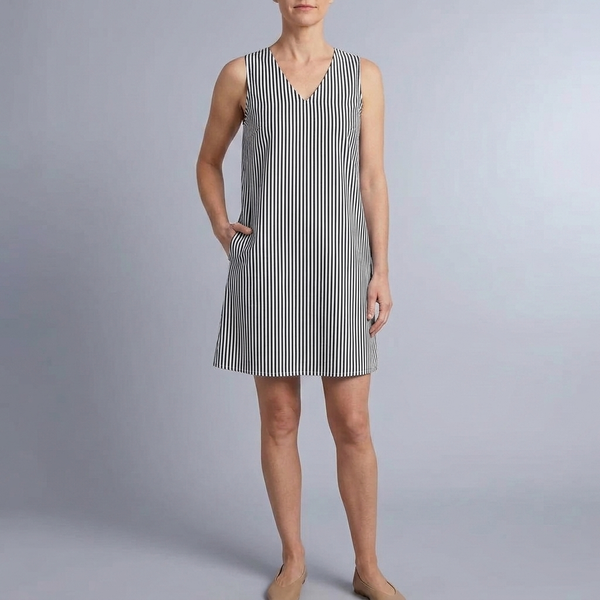 Women's Mini Dress | Sleeveless Striped Side Pockets Black front view