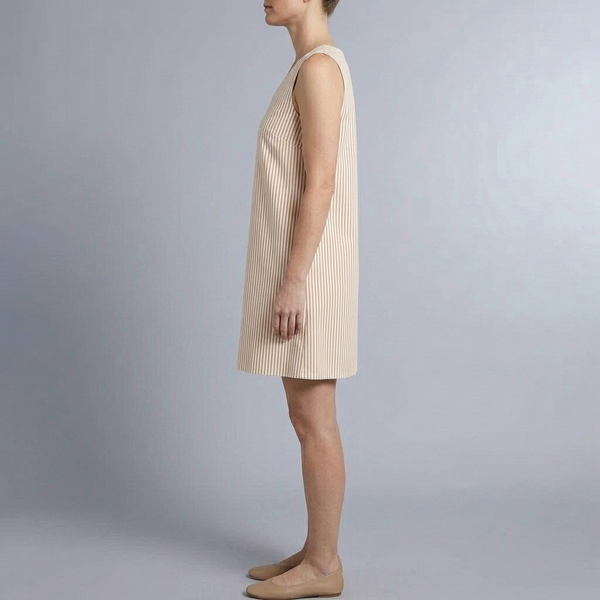 Women's Mini Dress | Sleeveless Striped Side Pockets Beige side view