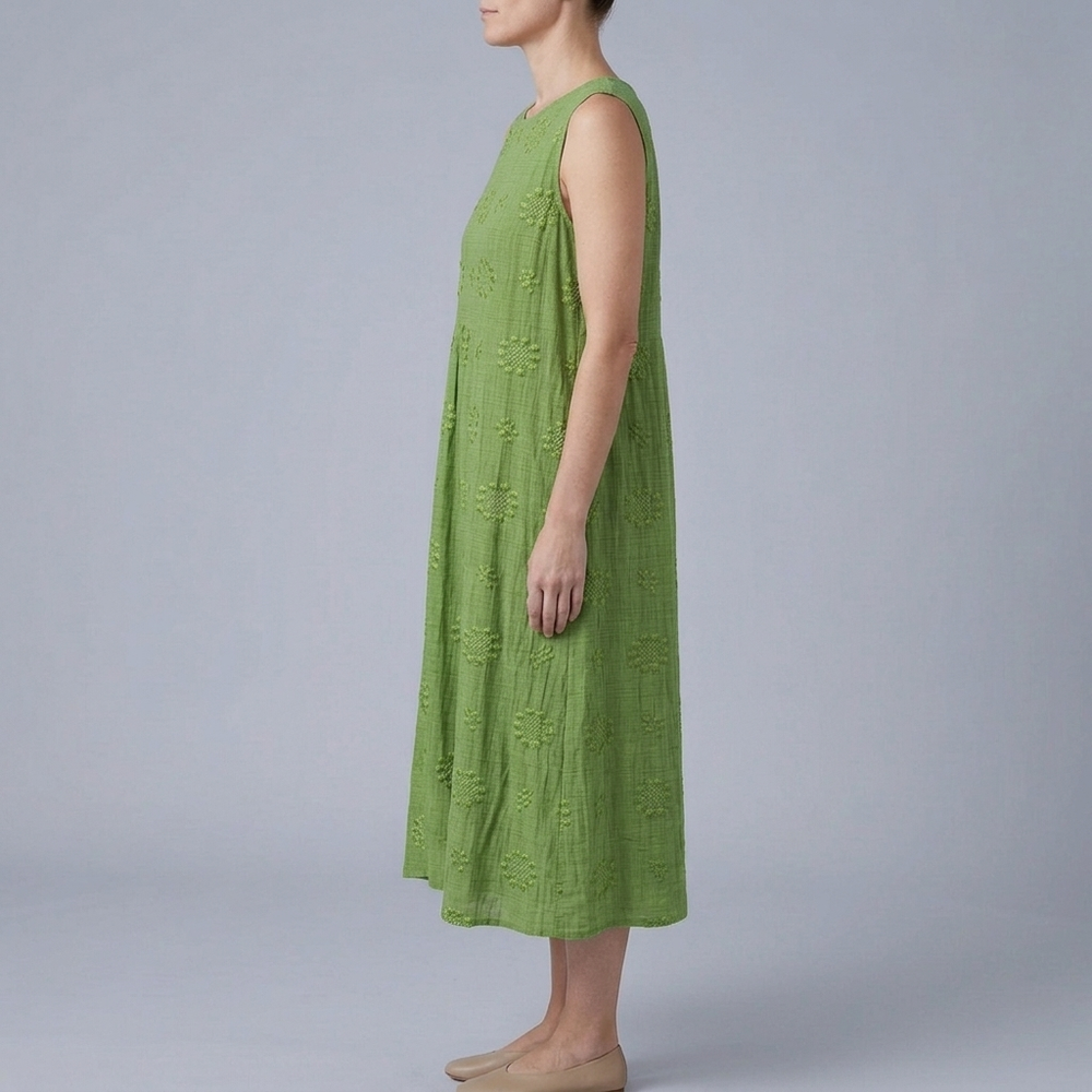 Women's Dress | Midi Sleeveless Floral Print Gathered Waist Green front view