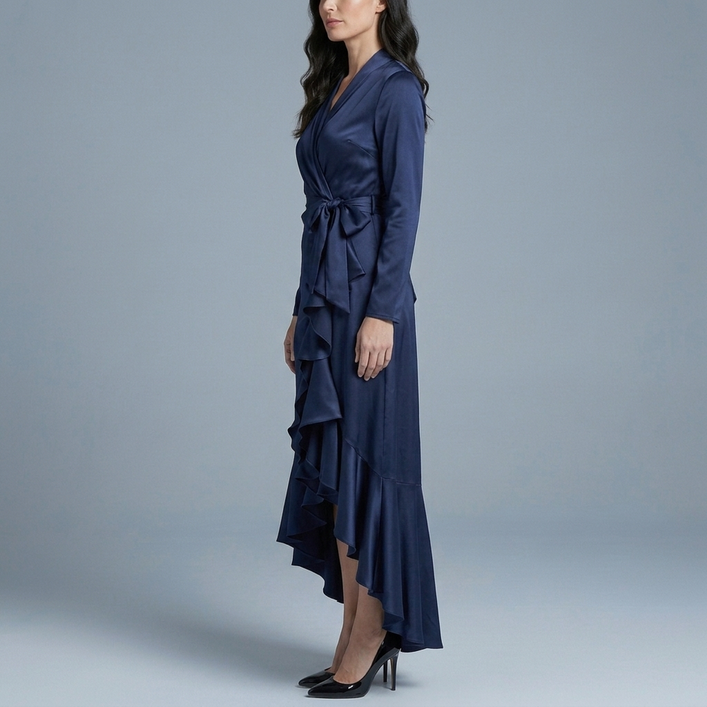 Women's Formal Dress | Maxi Ruffle Wrap Long Sleeve Navy Blue front view