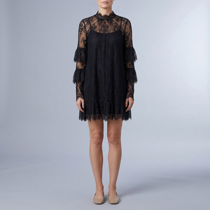 Women's Lace Dress | Mini High Neck Ruffle Sheer Black front view