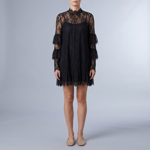 Women's Lace Dress | Mini High Neck Ruffle Sheer Black front view