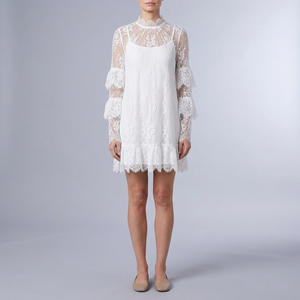 Women's Lace Dress | Mini High Neck Ruffle Sheer white front view