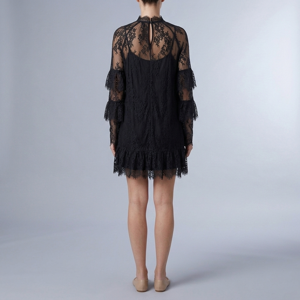 Women's Lace Dress | Mini High Neck Ruffle Sheer Black front view
