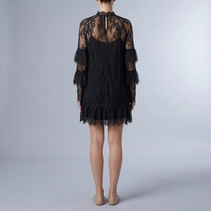 Women's Lace Dress | Mini High Neck Ruffle Sheer Black back view