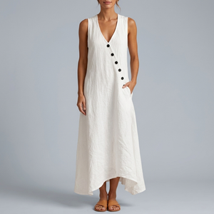 Women's Dress | Maxi V-Neck Sleeveless Button Front White front view