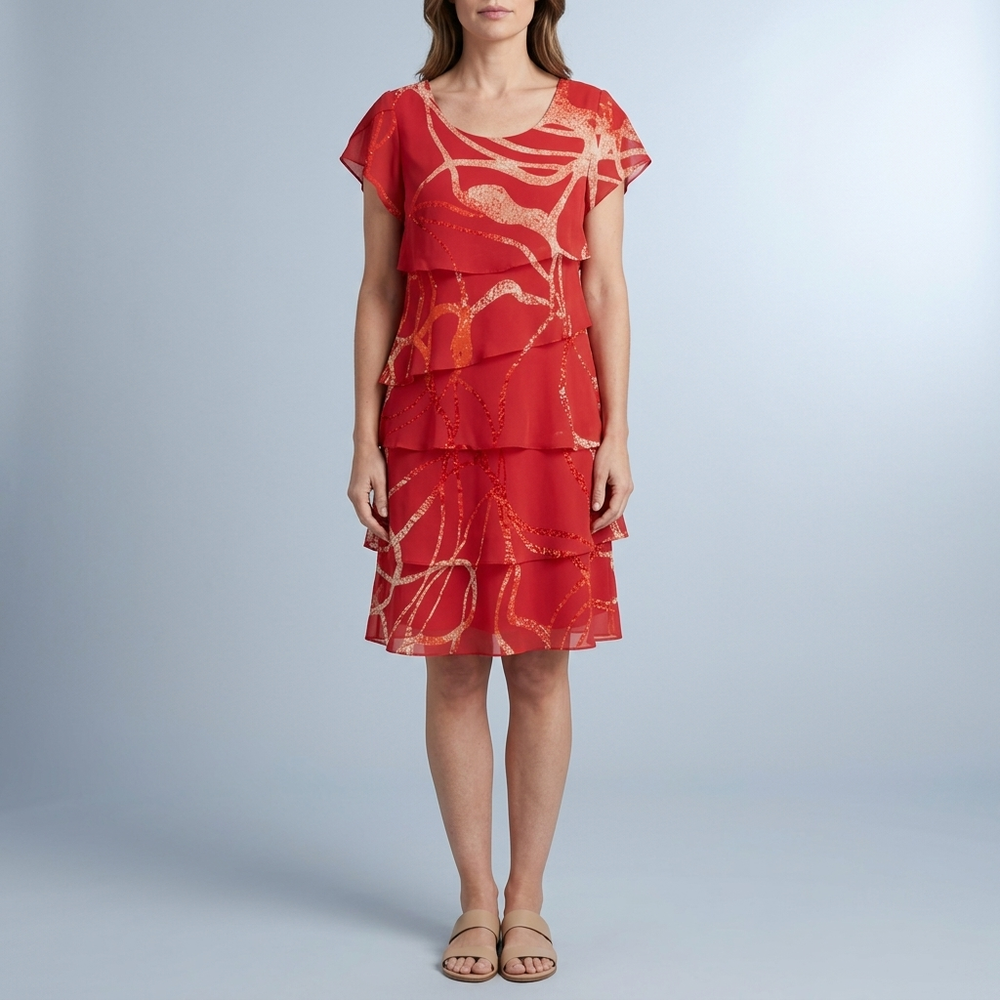 Women's Red Dress | Midi Tiered Abstract Short Sleeve Red front view