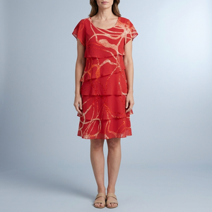 Women's Red Dress | Midi Tiered Abstract Short Sleeve Red front view