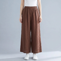 Women's Linen Pants | Wide Leg Cropped Elastic Waist Brown front view