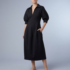 Women's Shirt Dress | Midi Black Pocketed Black front view