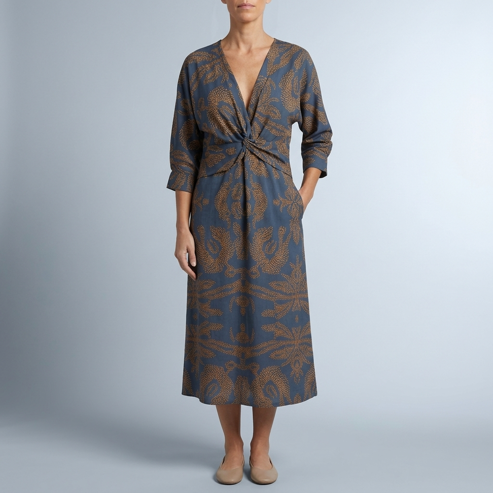 Women's Cocktail Dress | Midi Wrap Twist Deep V-Neck Blue front view