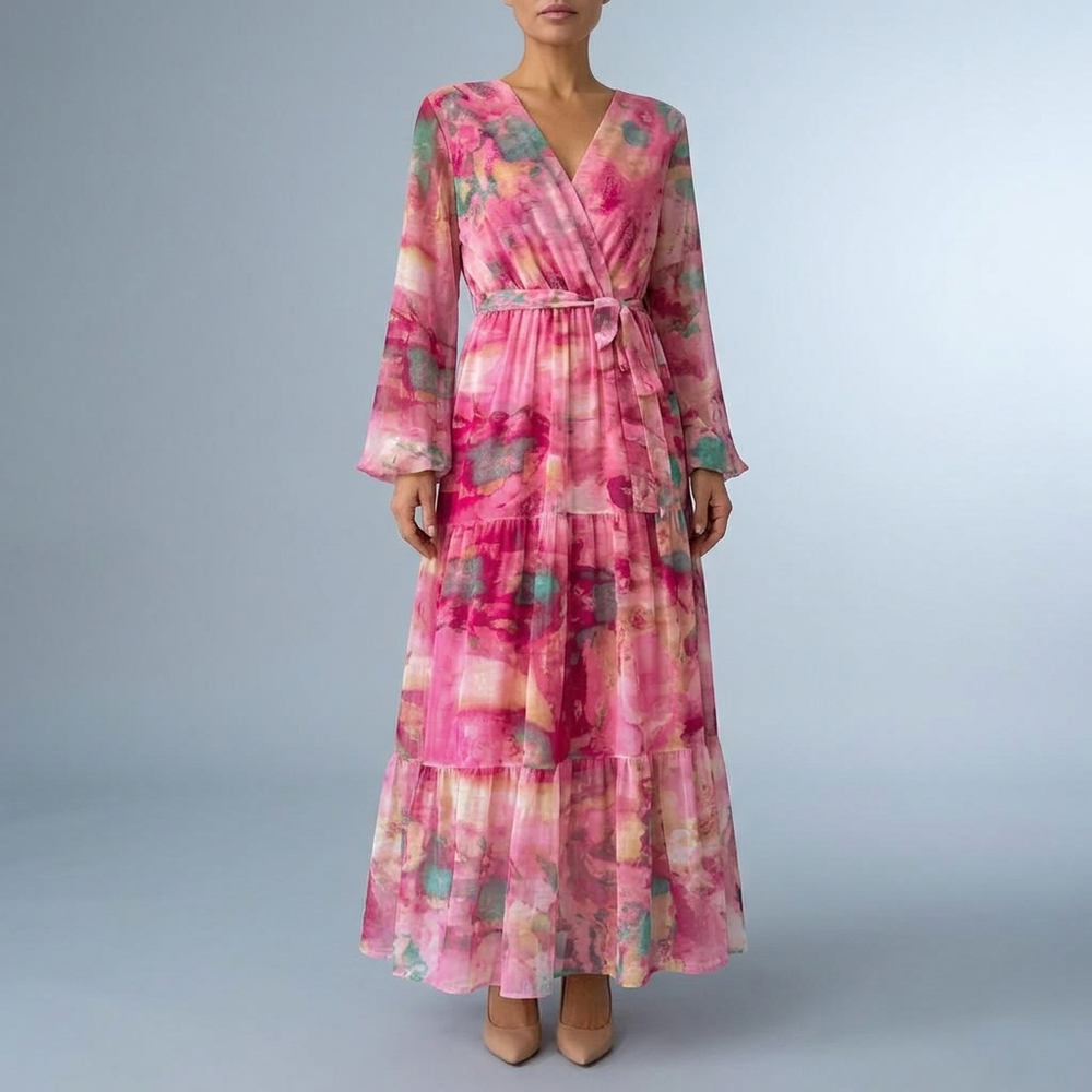 Women's Pink Dress | Maxi Wrap V-Neck Tiered Long Sleeve Pink front view