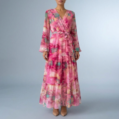 Women's Pink Dress | Maxi Wrap V-Neck Tiered Long Sleeve Pink front view