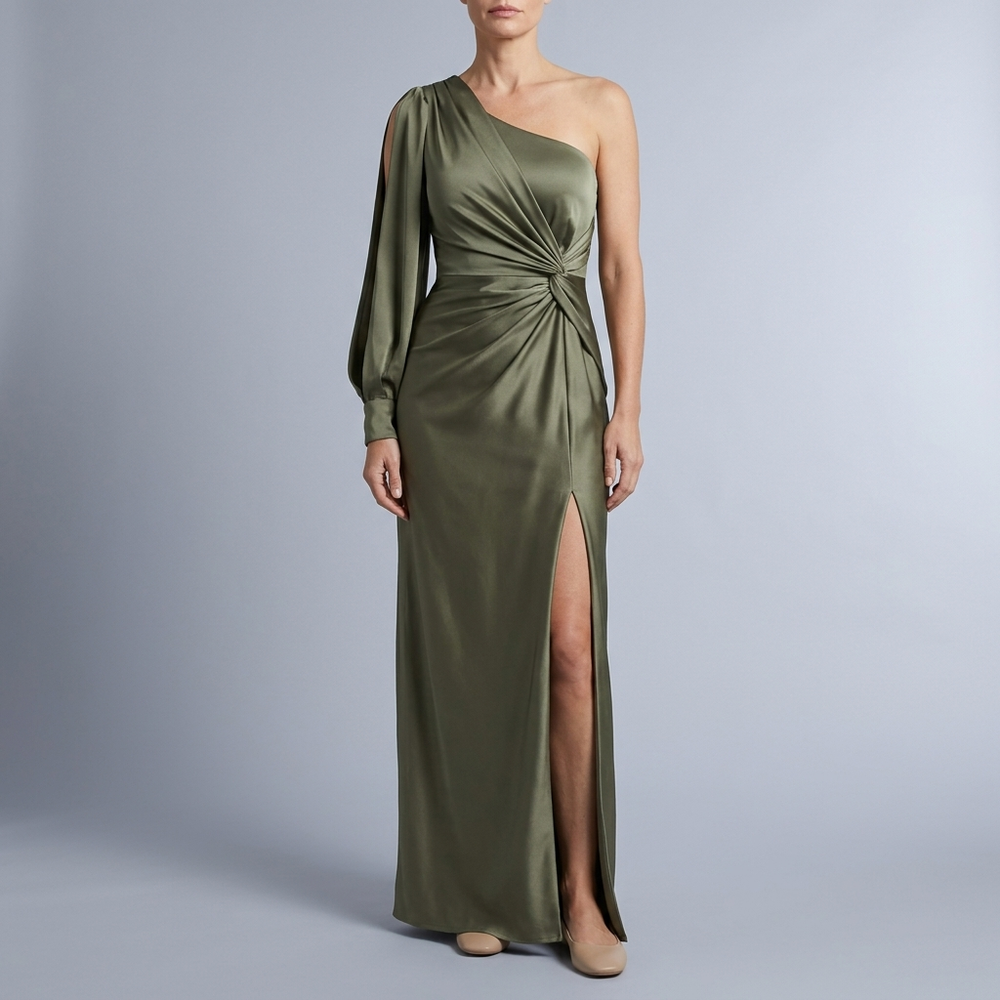 Women's Formal Dress | Maxi One Shoulder Ruched Green front view
